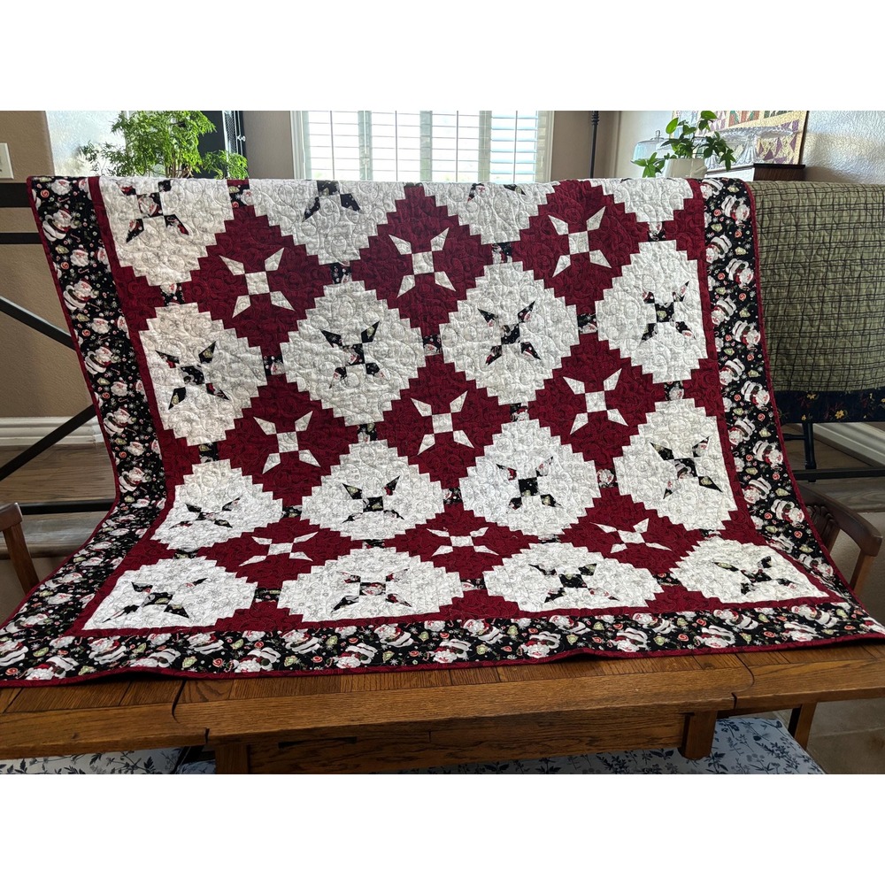 Vintage Handmade Sparkling Snowflake/Santa Christmas Quilt 66x66 Red Black Silv
